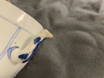 A Chinese blue and white 'antiquities' teapot and cover, Kangxi